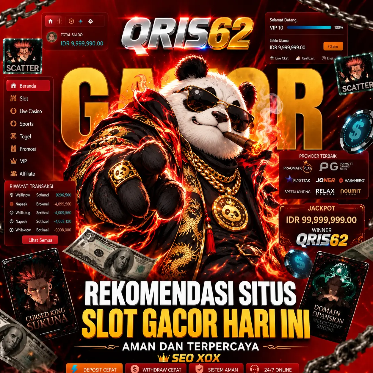 Banner QRIS62 menampilkan pilihan game, informasi promo, minimum deposit dan withdraw, serta layanan bantuan